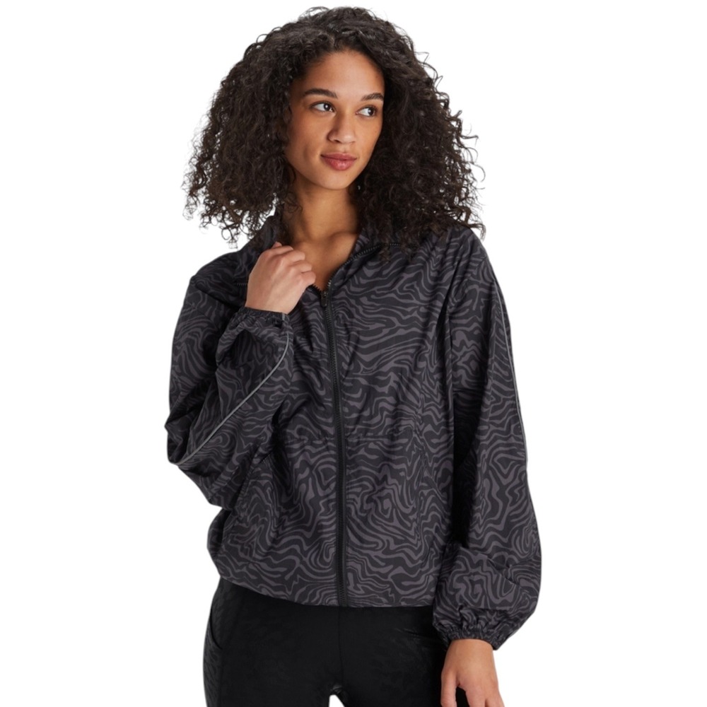 Fabletics Oversized Flyweight Windbreaker Black Grey Marbled Zebra Women's Small